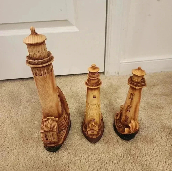 Lot Of 3 Nautical Lighthouse Faux Wood Sculptures - Picture 1 of 8